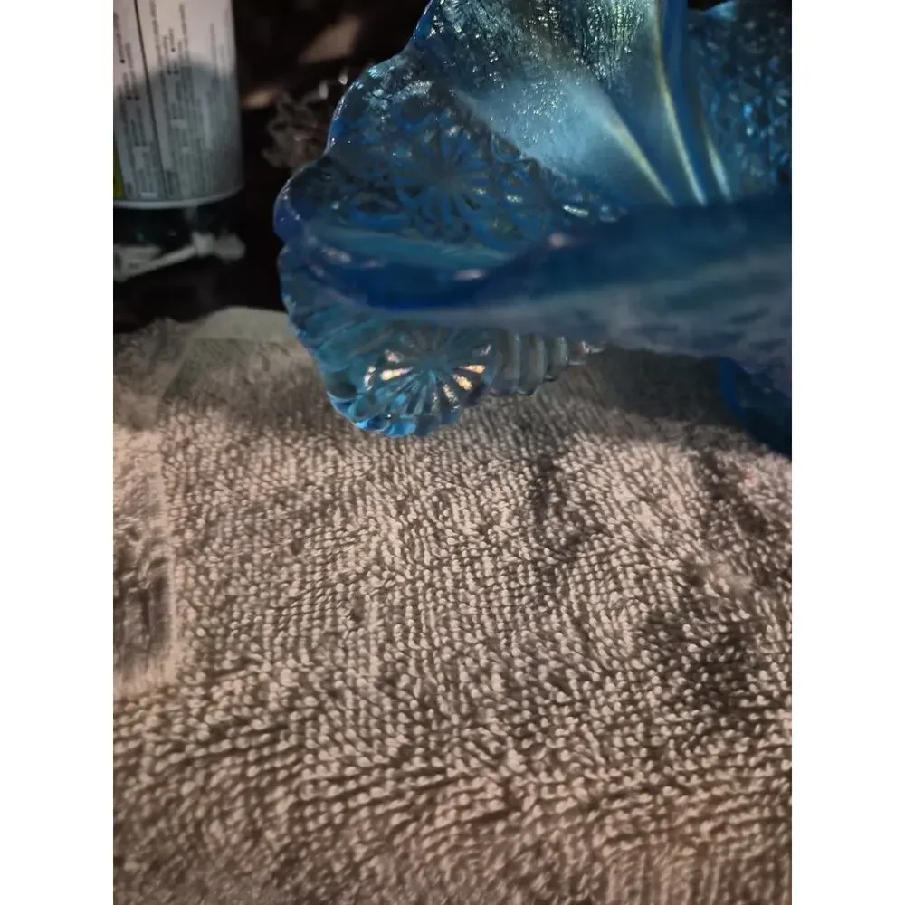 Vintage Fenton Art Glass Blue Iridescence Console Bowl With An Scalloped Fan